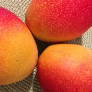 Drei reife, rotbäckige Mangos